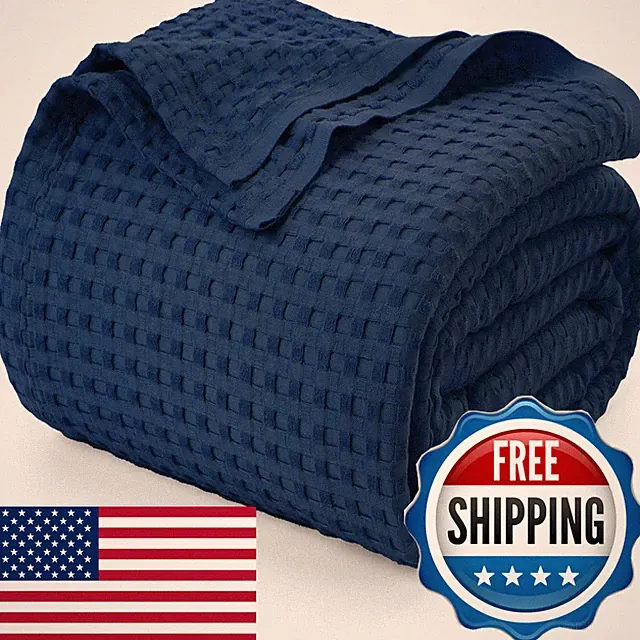 Utopia Bedding Navy 100 Cotton Waffle Blanket 300 Gsm King - 90X108 Inch Soft